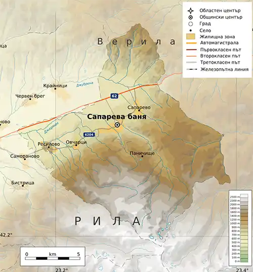 Географска карта на територията на Град Сапарева баня