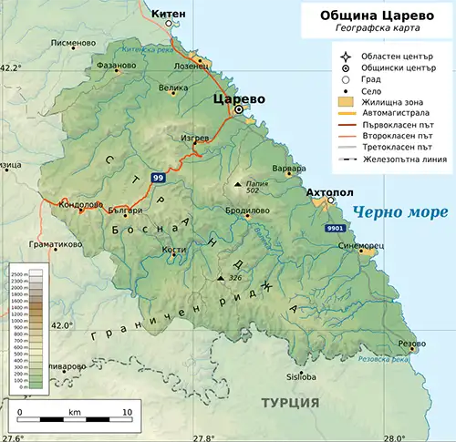 Географска карта на територията на Град Царево