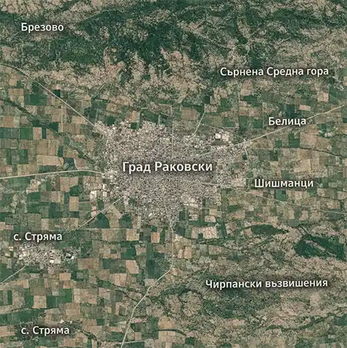 Сателитен релефен изглед на Град Раковски