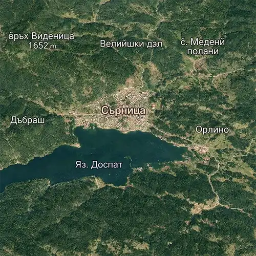 Сателитен релефен изглед на Град Сърница