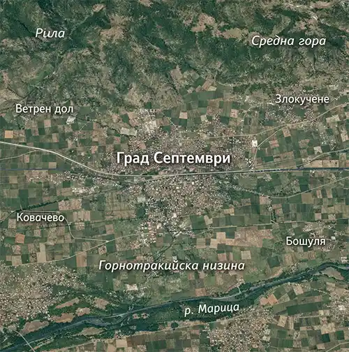 Сателитен релефен изглед на Град Септември