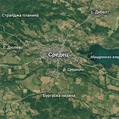 Сателитен релефен изглед на Град Средец