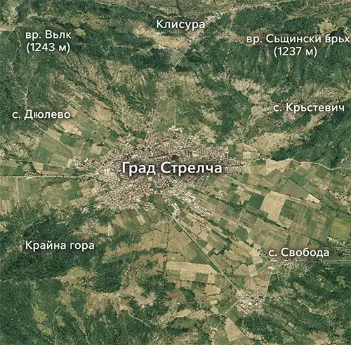 Сателитен релефен изглед на Град Стрелча