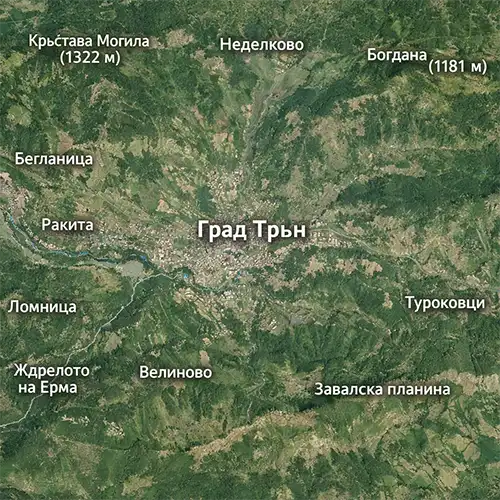 Сателитен релефен изглед на Град Трън