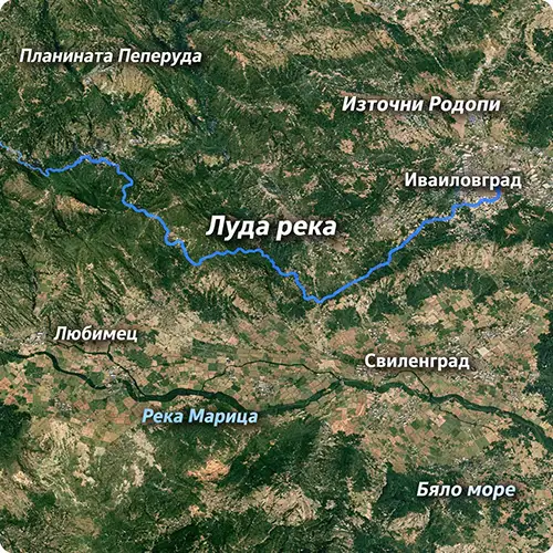 Сателитен релефен изглед на Луда река