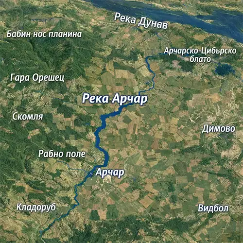 Сателитен релефен изглед на Река Арчар