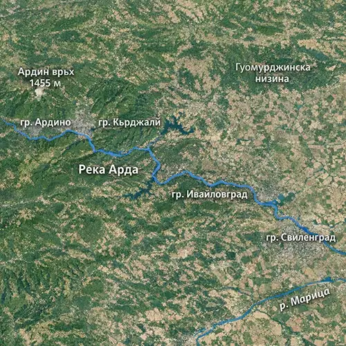 Сателитен релефен изглед на Река Арда