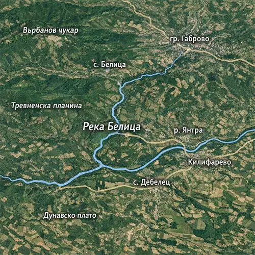 Сателитен релефен изглед на Река Белица