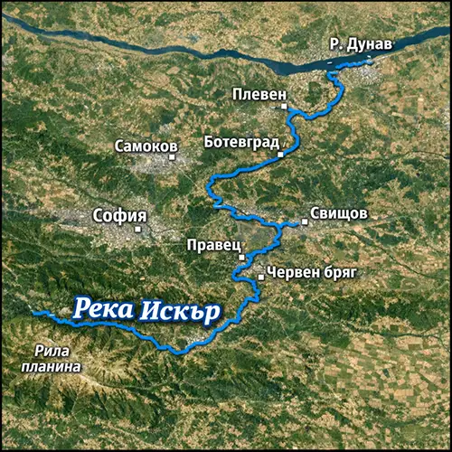 Сателитен релефен изглед на Река Искър