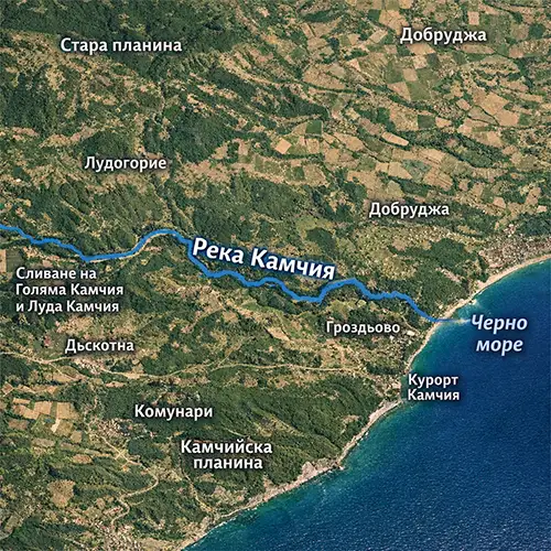 Сателитен релефен изглед на Река Камчия