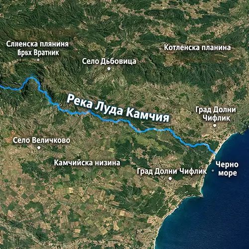 Сателитен релефен изглед на Река Луда Камчия