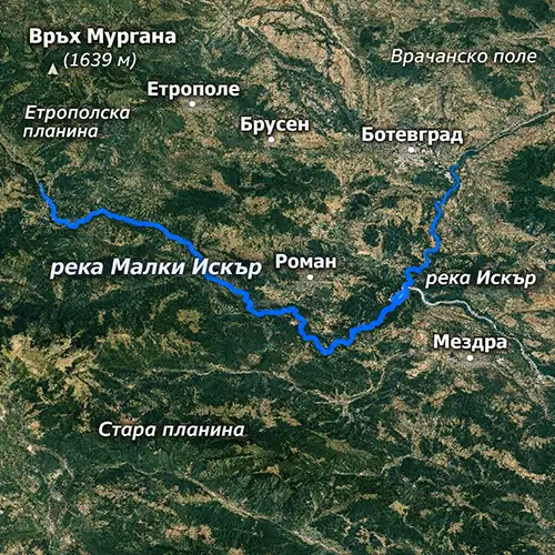 Сателитен релефен изглед на Река Малки Искър