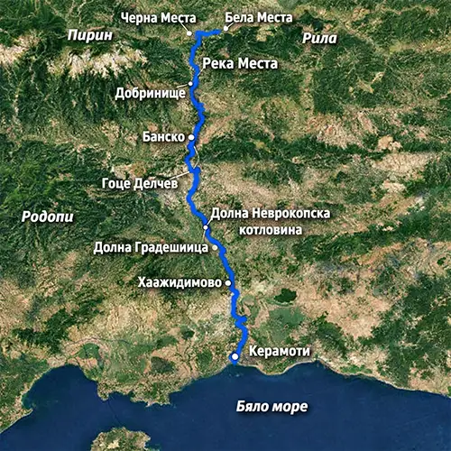 Сателитен релефен изглед на Река Места
