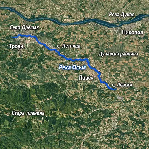 Сателитен релефен изглед на Река Осъм