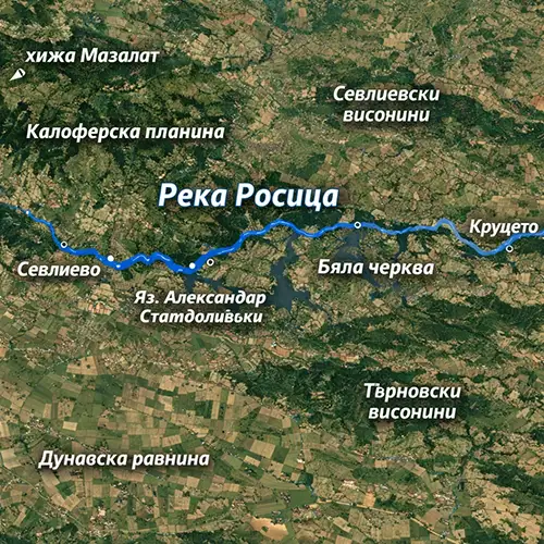 Сателитен релефен изглед на Река Росица
