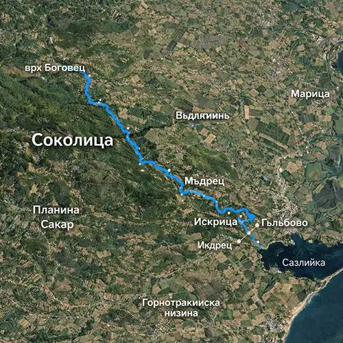 Сателитен релефен изглед на Река Соколица
