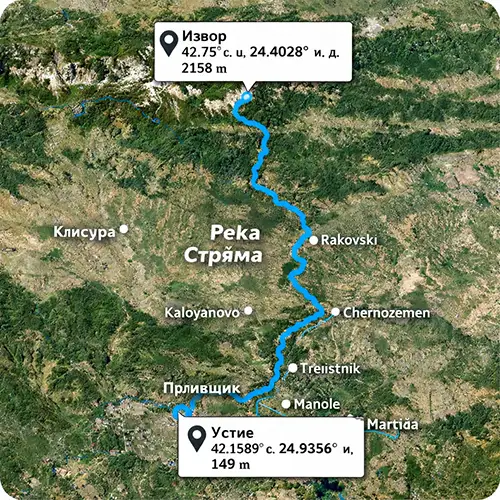 Сателитен релефен изглед на Река Стряма