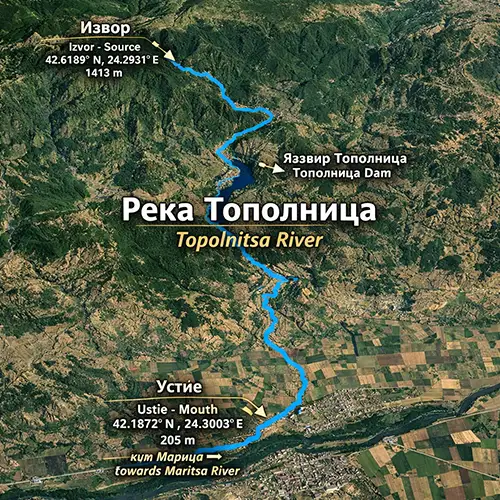 Сателитен релефен изглед на Река Тополница