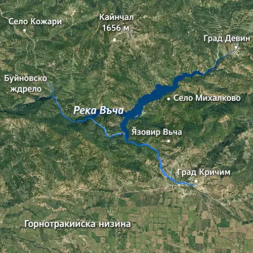 Сателитен релефен изглед на Река Въча