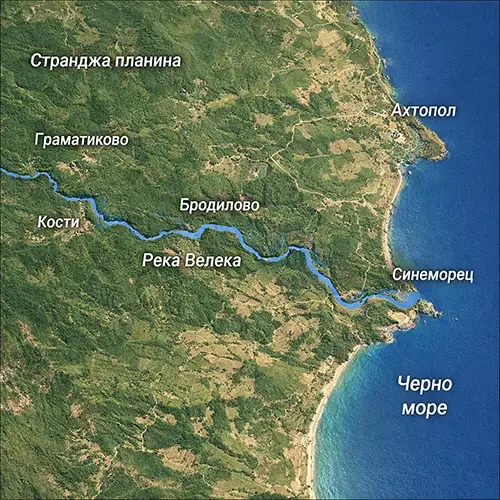 Сателитен релефен изглед на Река Велека