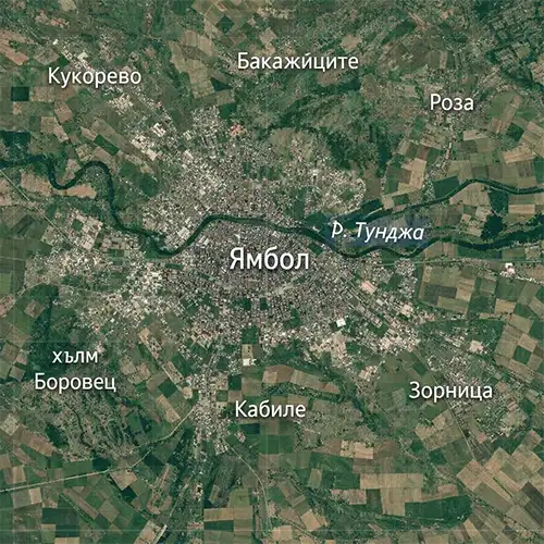 Сателитен релефен изглед на град Ямбол