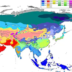 Карта на Азия според климатичната класификация на Кьопен