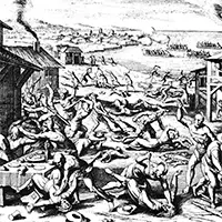 Дърворезбата на Матеус Мериан от 1628 г., изобразяваща клането в Джеймстаун от 1622 г.