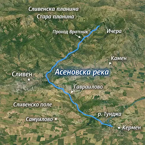 Сателитен релефен изглед на Асеновска река