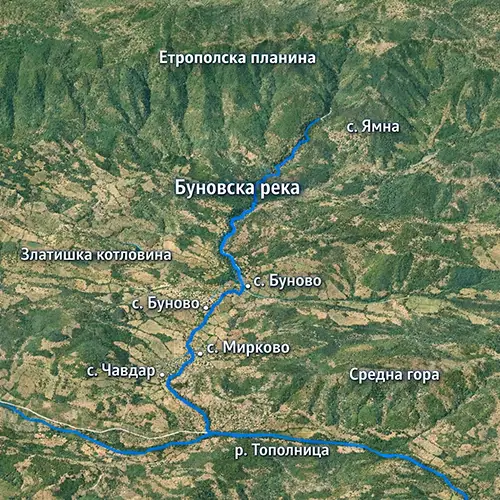 Сателитен релефен изглед на Буновска река