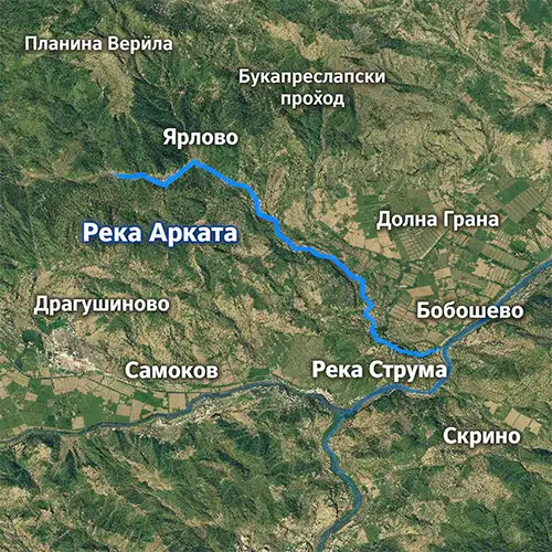 Сателитен релефен изглед на Река Арката