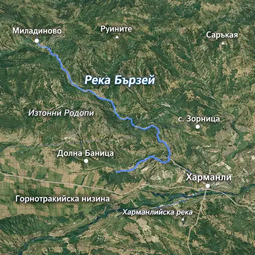 Сателитен релефен изглед на Река Бързей