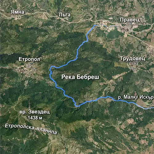 Сателитен релефен изглед на Река Бебреш