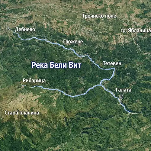 Сателитен релефен изглед на Река Бели Вит