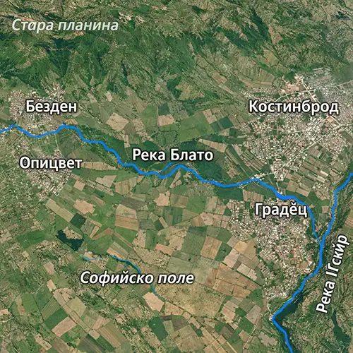 Сателитен релефен изглед на Река Блато