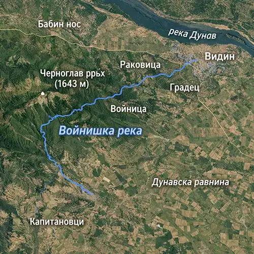 Сателитен релефен изглед на Войнишка река