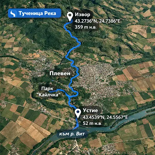 Сателитен релефен изглед на Река Тученица