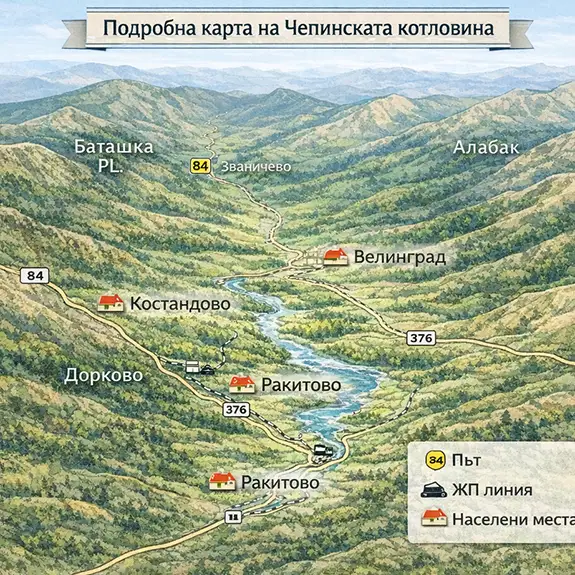 Подробна карта на Чепинската котловина