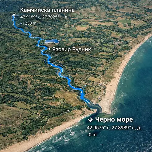 Сателитен релефен изглед на Фъндъклийска река
