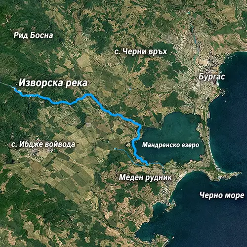 Сателитен релефен изглед на Изворска река