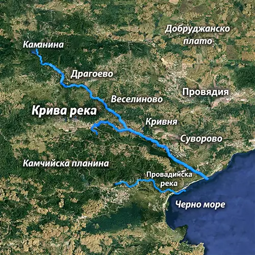 Сателитен релефен изглед на Крива река