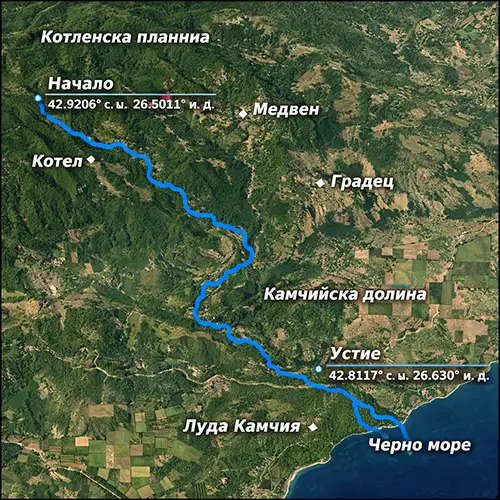 Сателитен релефен изглед на Медвенска река