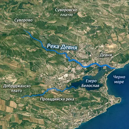 Сателитен релефен изглед на Река Девня