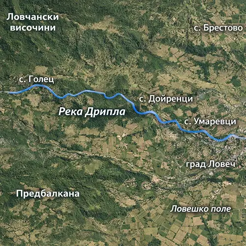 Сателитен релефен изглед на Река Дрипла