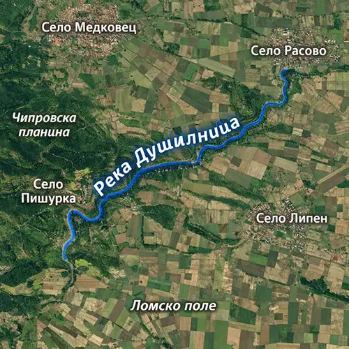 Сателитен релефен изглед на Река Душилница