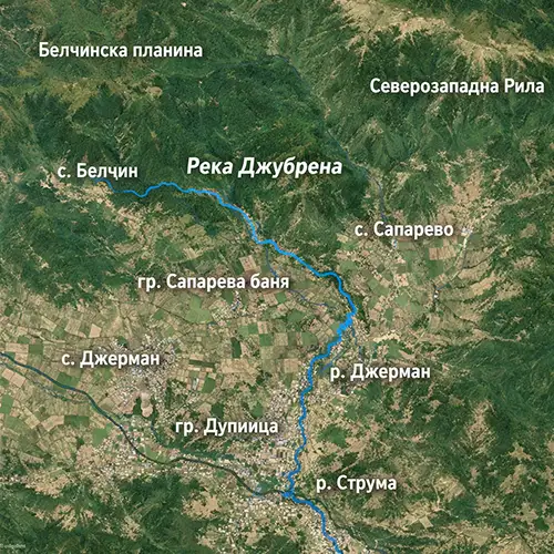 Сателитен релефен изглед на Река Джубрена