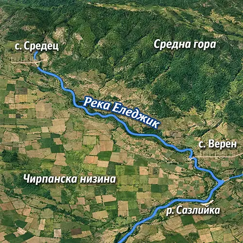 Сателитен релефен изглед на Река Еледжик