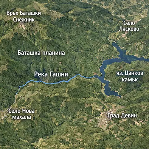 Сателитен релефен изглед на Река Гашня