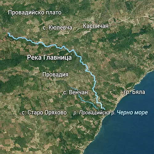Сателитен релефен изглед на Река Главница