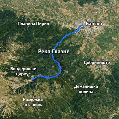 Сателитен релефен изглед на Река Глазне