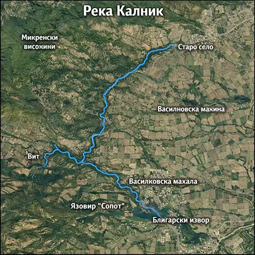 Сателитен релефен изглед на Река Калник